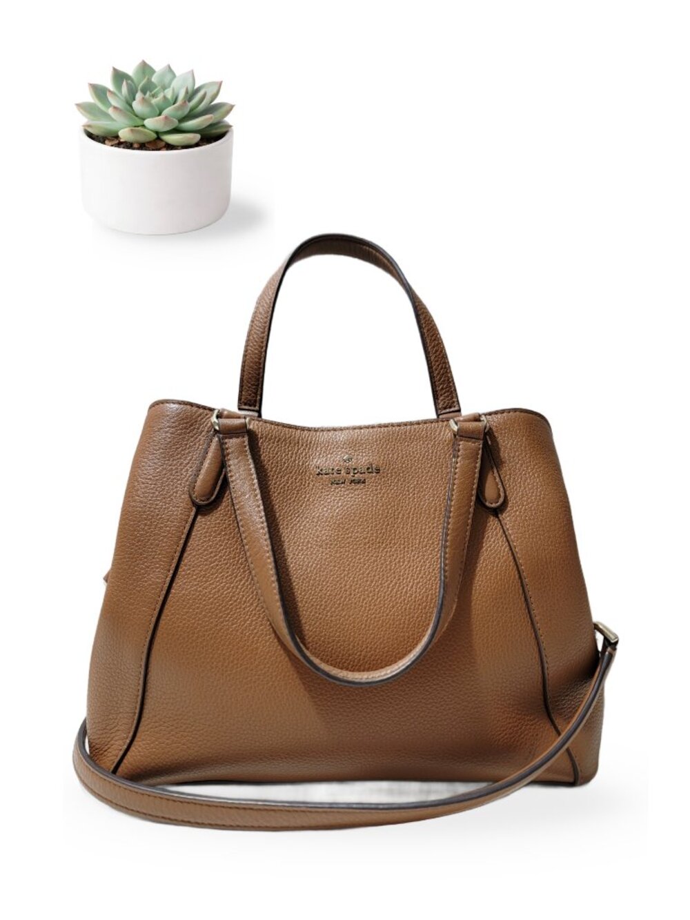 Kate Spade Eva Brown Pebbled Leather Satchel Crossbody Bag Two-Way Tote Purse